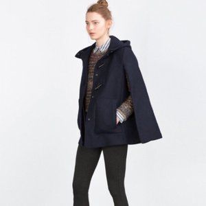 Zara Navy Wool Hooded Cape w/ Snap Toggle Close